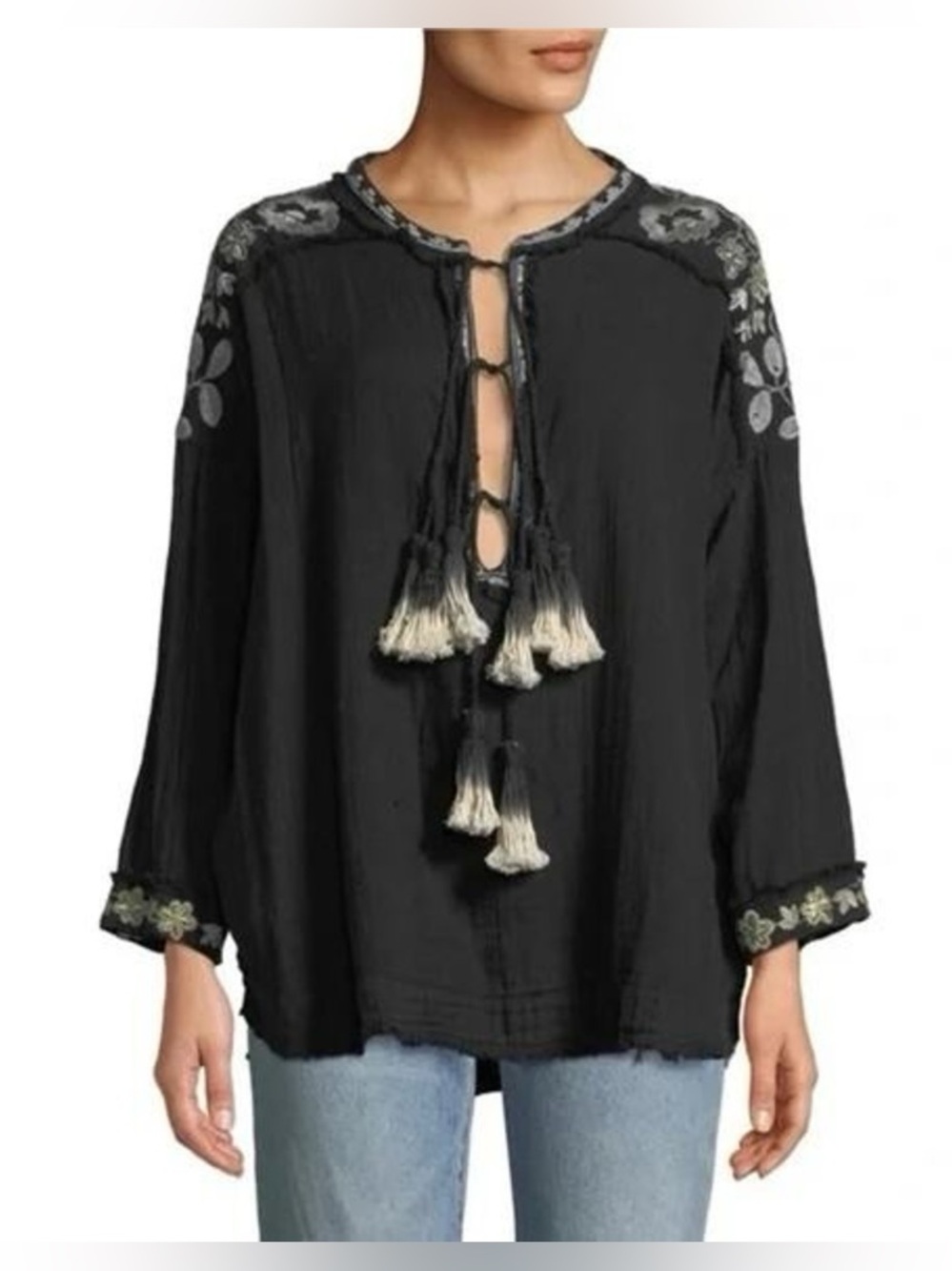Johnny Was. Sai Gauze Tassel-Tie Black Tunic. Size Small.